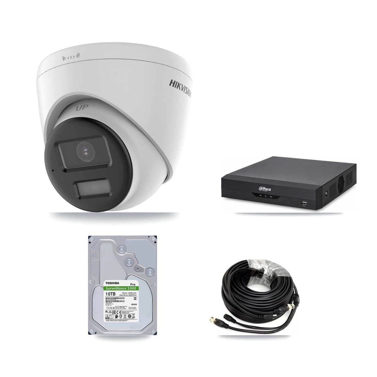 Hikvision & Dahua 4-Channel 4K CCTV Kit — 1 Bullet + 3 Turret Cameras + 10TB Recording