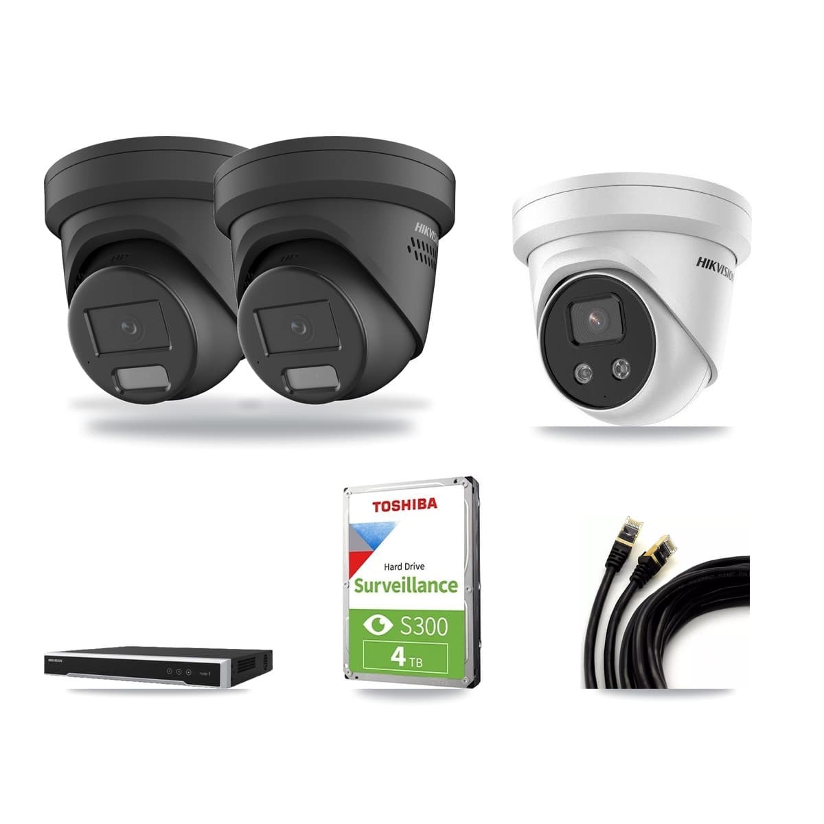 Hikvision 8-Channel 4MP – 5MP CCTV Kit — 2 Black 4MP + 1 5MP Turret Cameras + 4TB Recording (DS-7608NI-M2 Recorder) - Image 1
