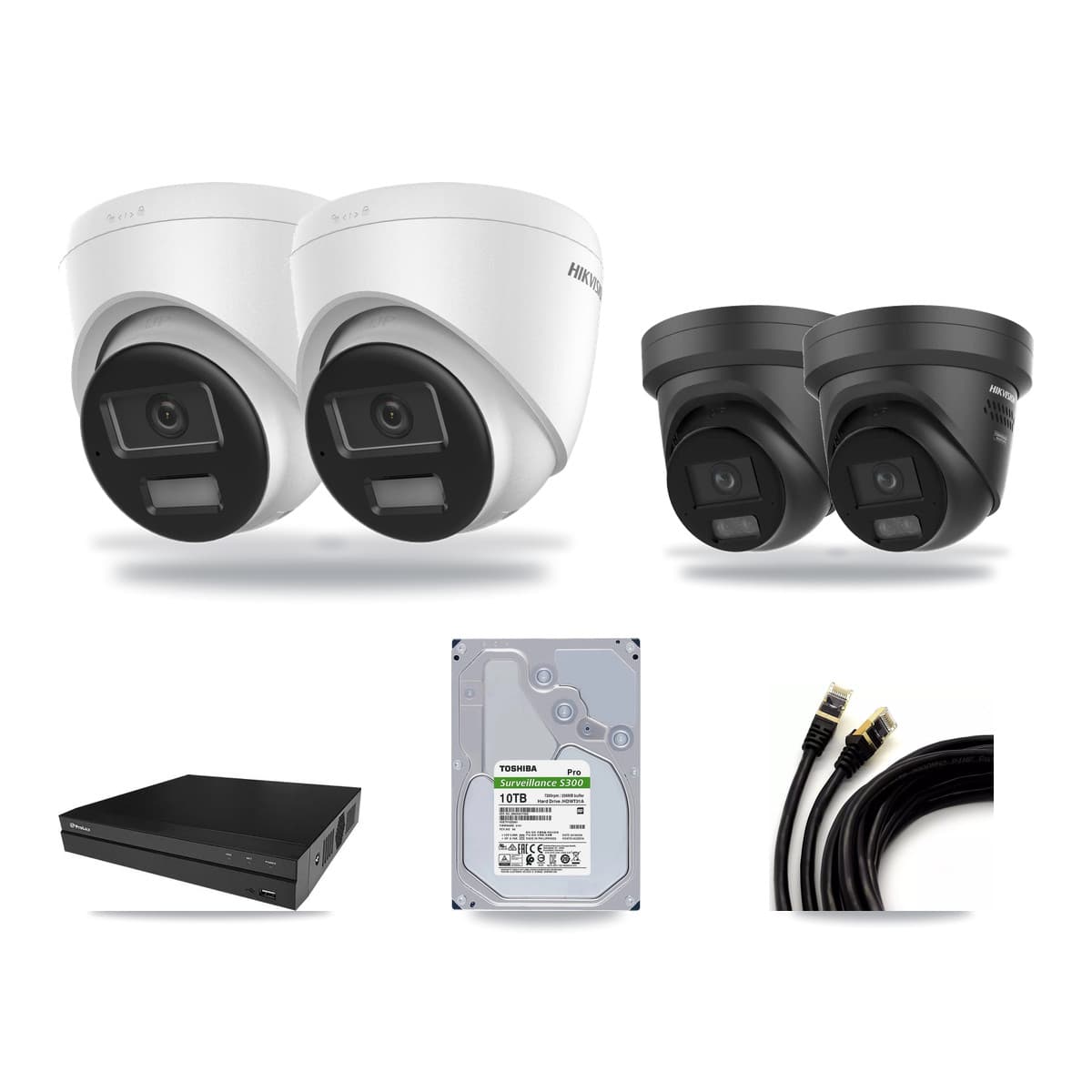 Hikvision & Prolux 8-Channel 4K CCTV Kit — 2 DS-2CD1383G2 + 2 Black DS-2CD2387G3 Turret Cameras + 10TB Recording - Image 1