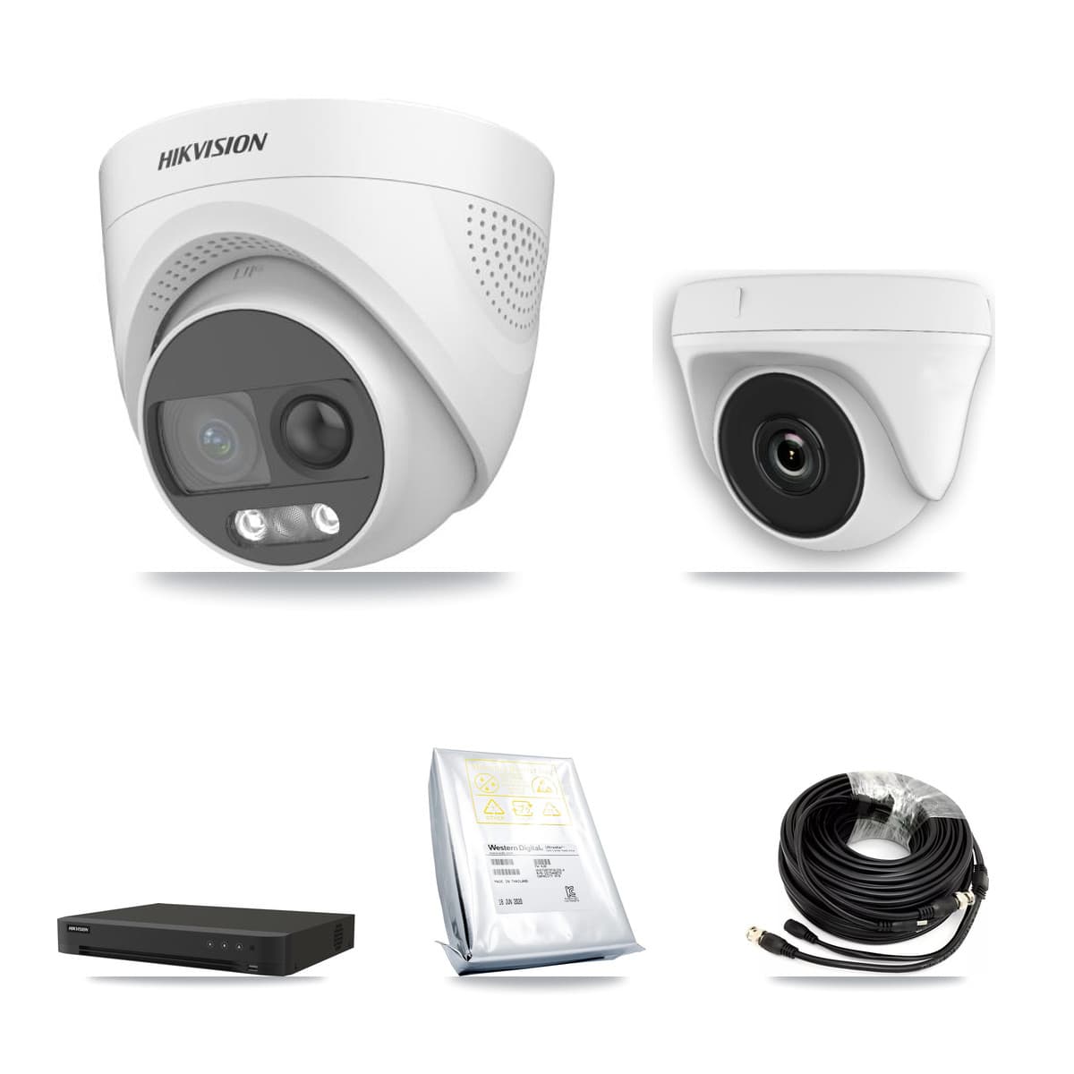 Hikvision 8-Channel 2MP – 5MP CCTV Kit — 4 DS-2CE72KF3T-PIRXO 5MP Turret + 4 White HDT-2MP-N20W-2.8MM 2MP Dome Cameras + 8TB Recording (IDS-7208HUHI-M1/XT Recorder)