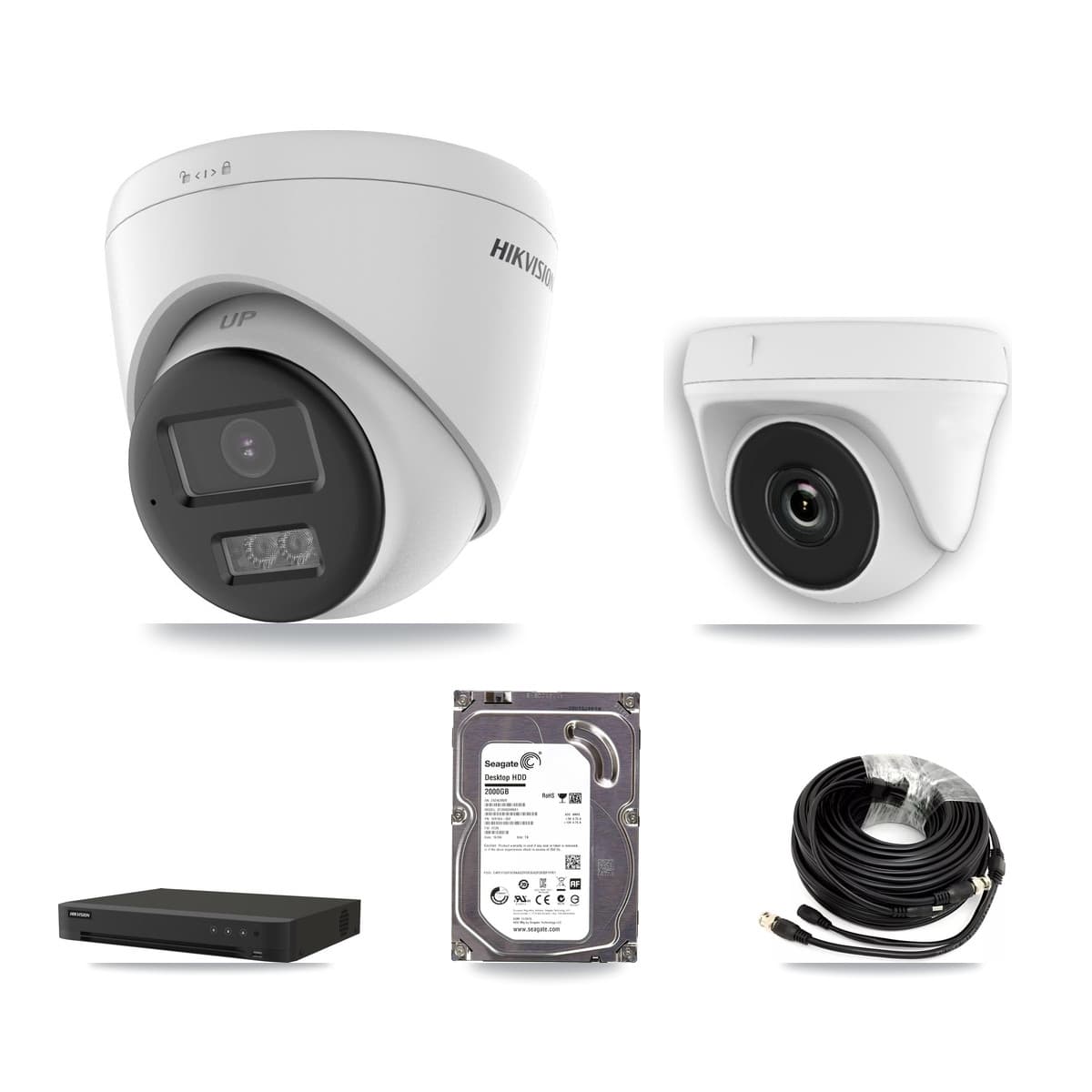 Hikvision 16-Channel 2MP – 5MP CCTV Kit — 1 DS-2CE78K0T-LTS 5MP Turret + 1 White HDT-2MP-N20W-2.8MM 2MP Dome Cameras + 2TB Recording (IDS-7216HQHI-M1/XT Recorder)
