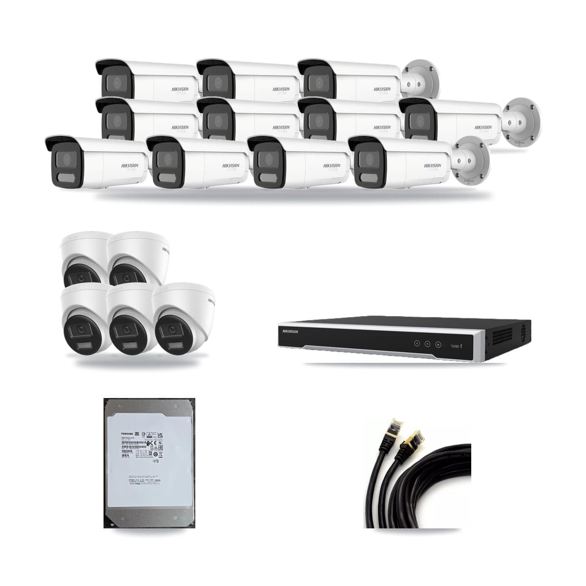 Hikvision 16-Channel 4K CCTV Kit — 5 DS-2CD1383G2-LIU Turret + 11 White DS-2CD2T87G2H-LISU/SL-2.8MM-W Bullet Cameras + 14TB Recording (DS-7616NI-M2/16P Recorder) - Image 1