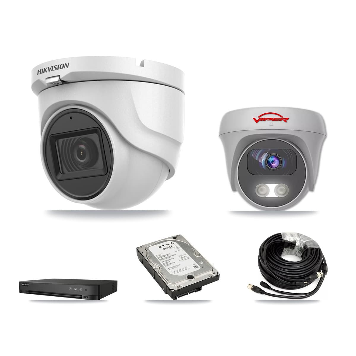 Hikvision & Viper 4-Channel 5MP CCTV Kit — 3 DS-2CE76H0T Turret + 1 White VIPER-5MP-3K Cameras + 5TB Recording (IDS-7204HQHI Recorder) - Image 1