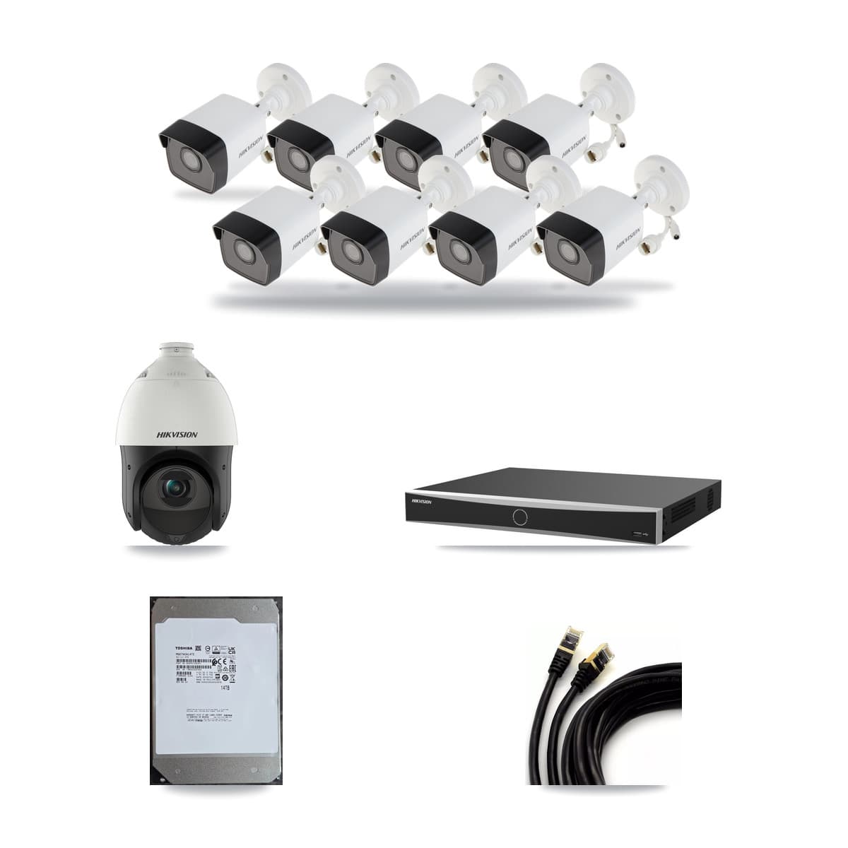 Hikvision 16-Channel 4MP – 5MP CCTV Kit — 8 5MP Bullet + 1 4MP PTZ Cameras + 14TB Recording (DS-7616NXI Recorder) - Image 1