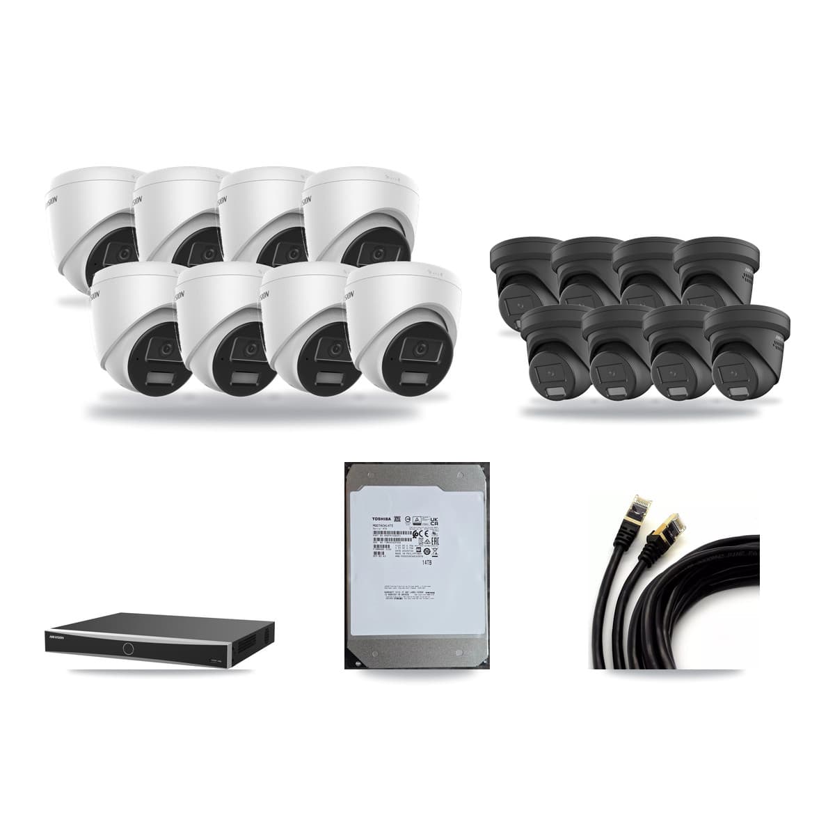 Hikvision 16-Channel 4MP CCTV Kit — 8 DS-2CD1343G2 + 8 Black DS-2CD2347G2 Turret Cameras + 14TB Recording (DS-7616NXI Recorder) - Image 1