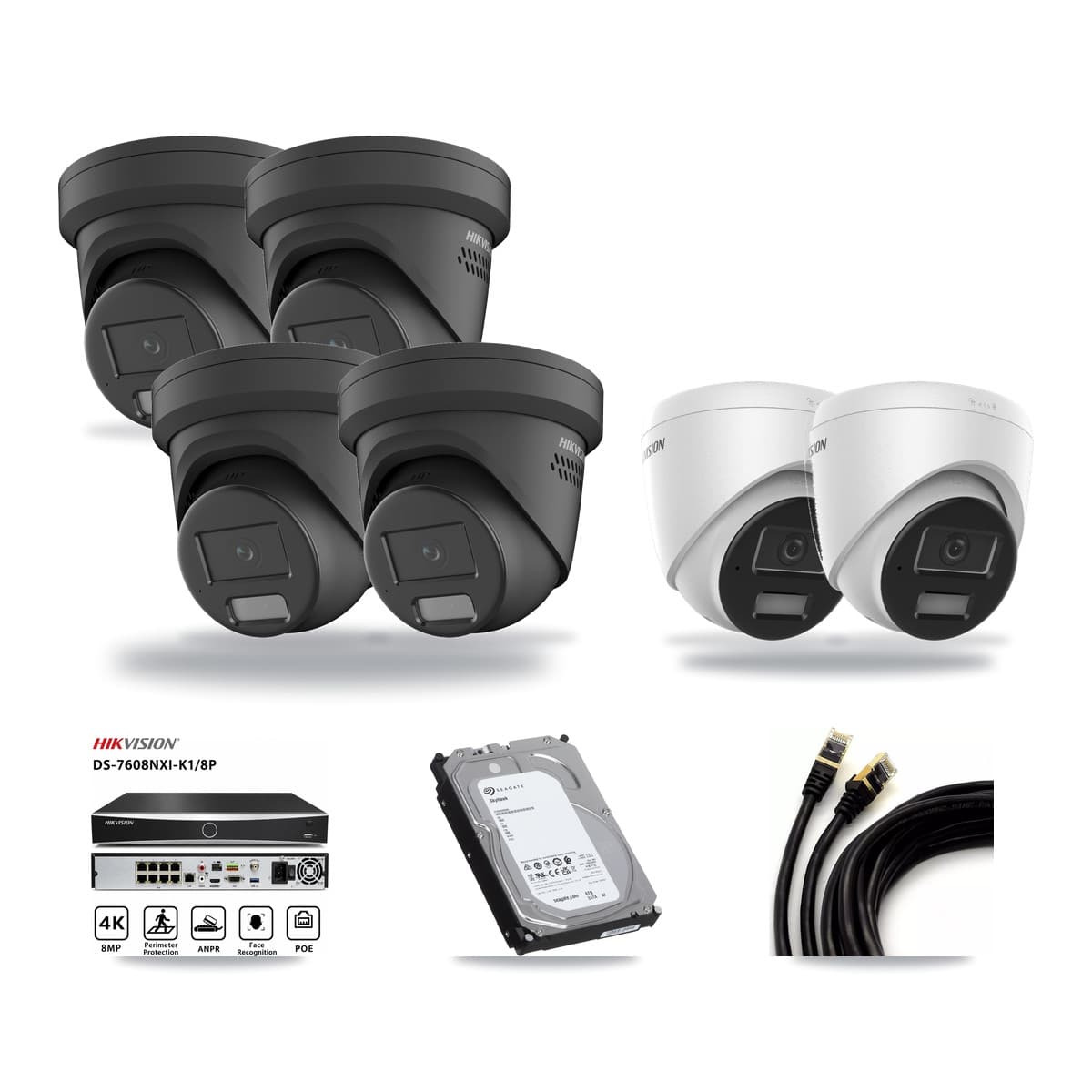 Hikvision 8-Channel 4MP CCTV Kit — 2 DS-2CD1343G2 + 4 Black DS-2CD2347G2 Turret Cameras + 6TB Recording (DS-7608NXI Recorder) - Image 1
