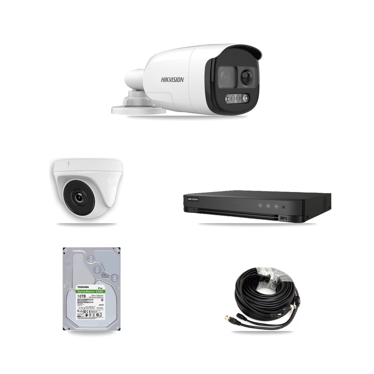 Hikvision 8-Channel 2MP – 5MP CCTV Kit — 7 DS-2CE12KF3T-PIRXO 5MP Bullet + 1 White HDT-2MP-N20W-2.8MM 2MP Dome Cameras + 10TB Recording (IDS-7208HUHI-M1/E Recorder) - Image 1
