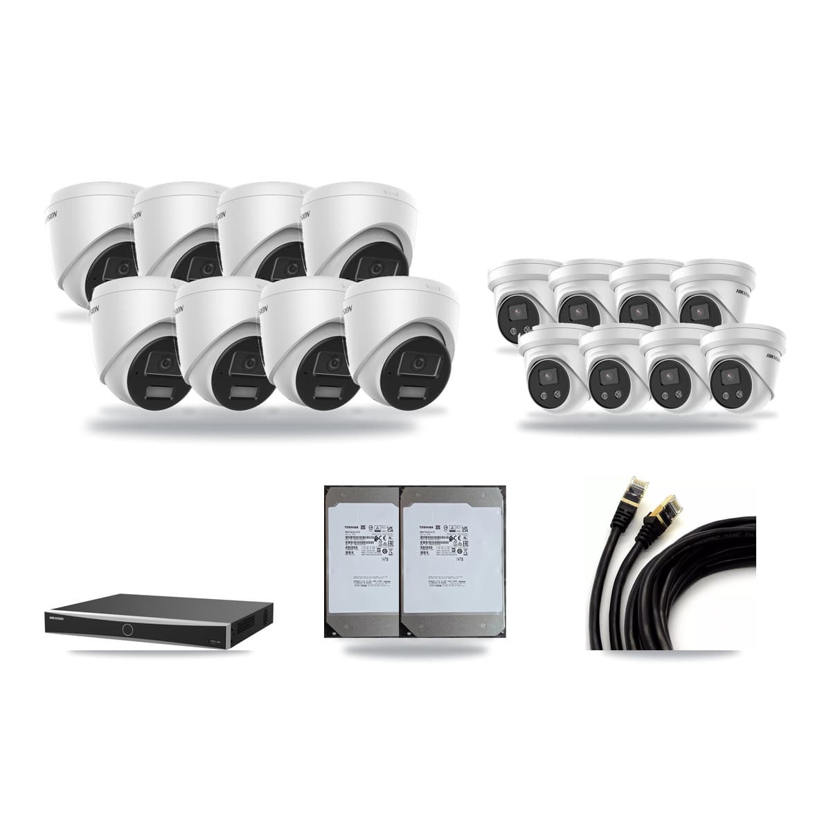 Hikvision 16-Channel 4MP – 5MP CCTV Kit — 8 4MP + 8 5MP Turret Cameras + 2× 14TB Recording (DS-7616NXI Recorder) - Image 1