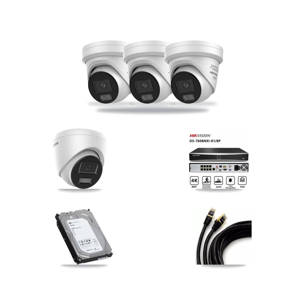 Hikvision 8-Channel 4MP CCTV Kit — 1 DS-2CD1343G2 + 3 DS-2CD2347G3 Turret Cameras + 6TB Recording - Image 1