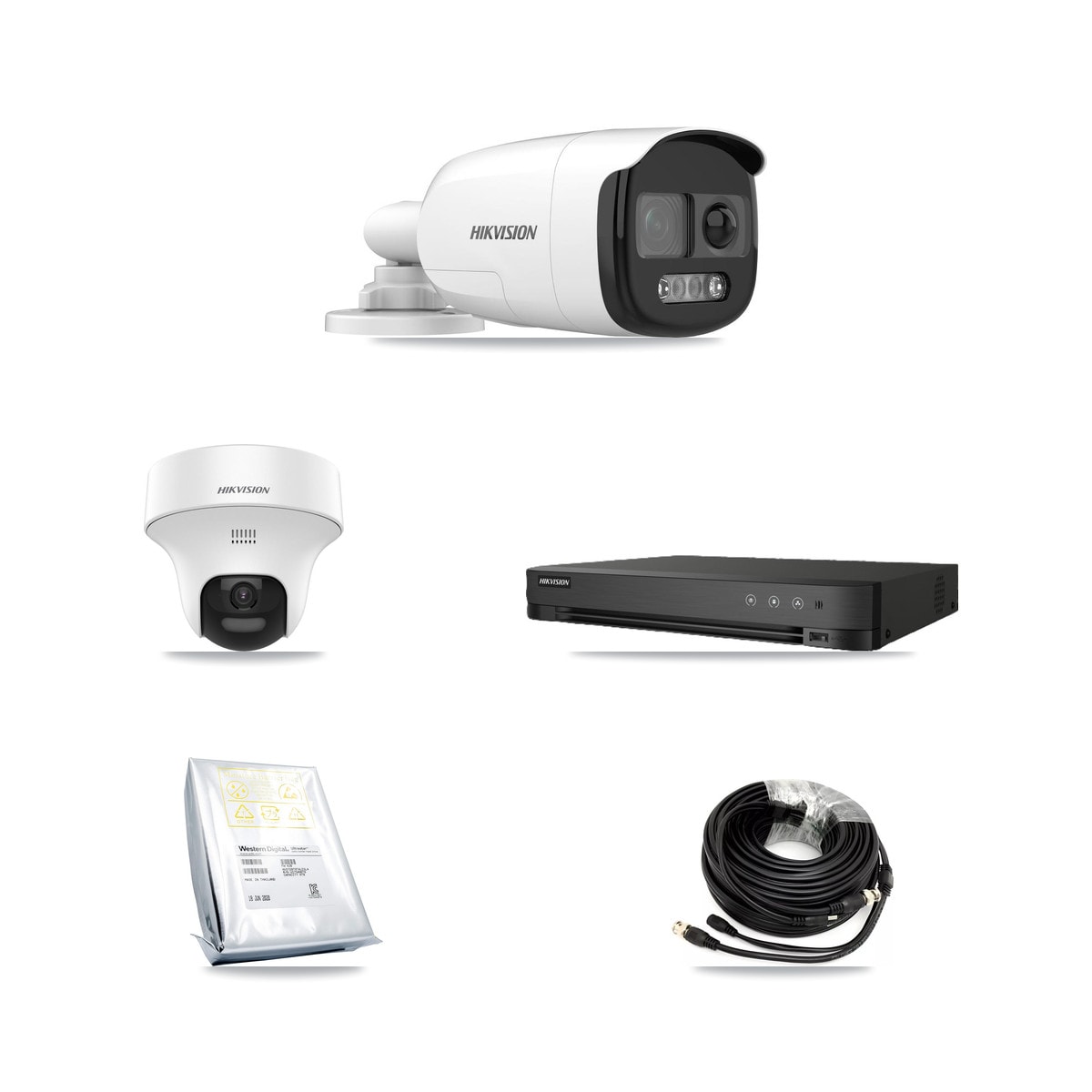 Hikvision 8-Channel 5MP CCTV Kit — 5 DS-2CE12KF3T-PIRXO Bullet + 1 DS-2CE70K0T-PTLTS Turret Cameras + 8TB Recording (IDS-7208HUHI-M1/E Recorder) - Image 1