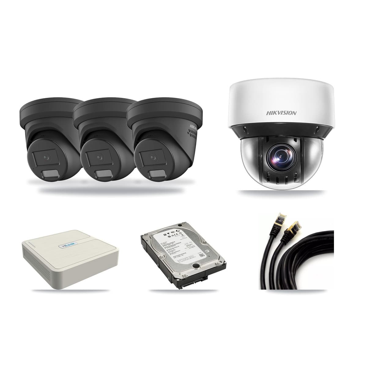 Hikvision & HiLook 8-Channel 4MP CCTV Kit — 3 Black DS-2CD2347G2 Turret + 1 DS-2DE4A425IW PTZ Cameras + 5TB Recording - Image 1