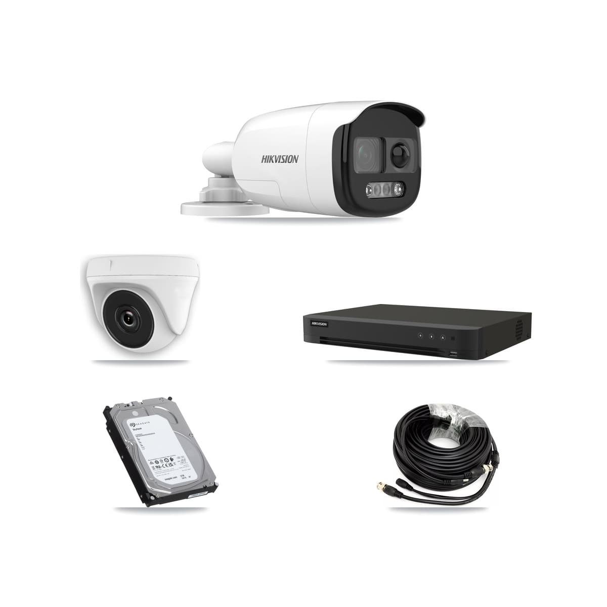 Hikvision 8-Channel 2MP – 5MP CCTV Kit — 2 DS-2CE12KF3T-PIRXO 5MP Bullet + 2 White HDT-2MP-N20W-2.8MM 2MP Dome Cameras + 6TB Recording (IDS-7208HUHI-M1/XT Recorder)