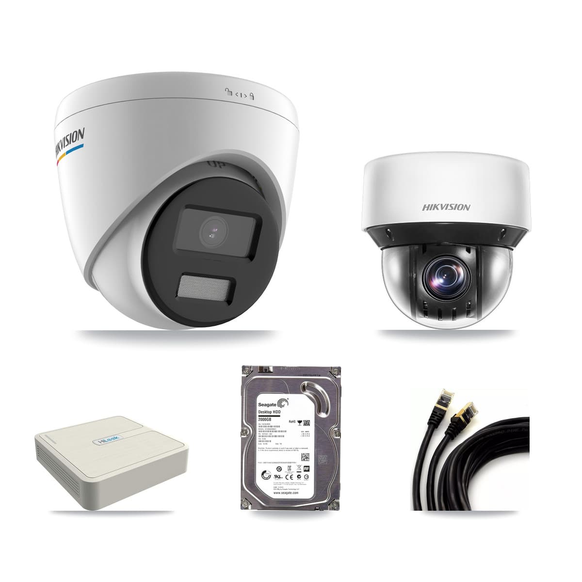 Hikvision & HiLook 8-Channel 2MP – 4MP CCTV Kit — 1 DS-2CD1327G2 2MP Turret + 1 DS-2DE4A425IW 4MP PTZ Cameras + 2TB Recording - Image 1
