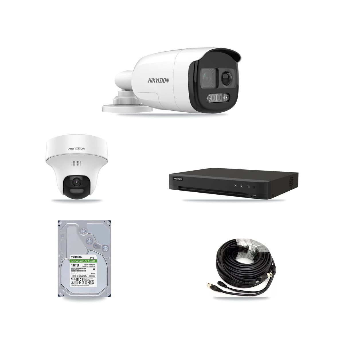 Hikvision 8-Channel 5MP CCTV Kit — 6 DS-2CE12KF3T-PIRXO Bullet + 1 DS-2CE70K0T-PTLTS Turret Cameras + 10TB Recording (IDS-7208HUHI-M1/XT Recorder)