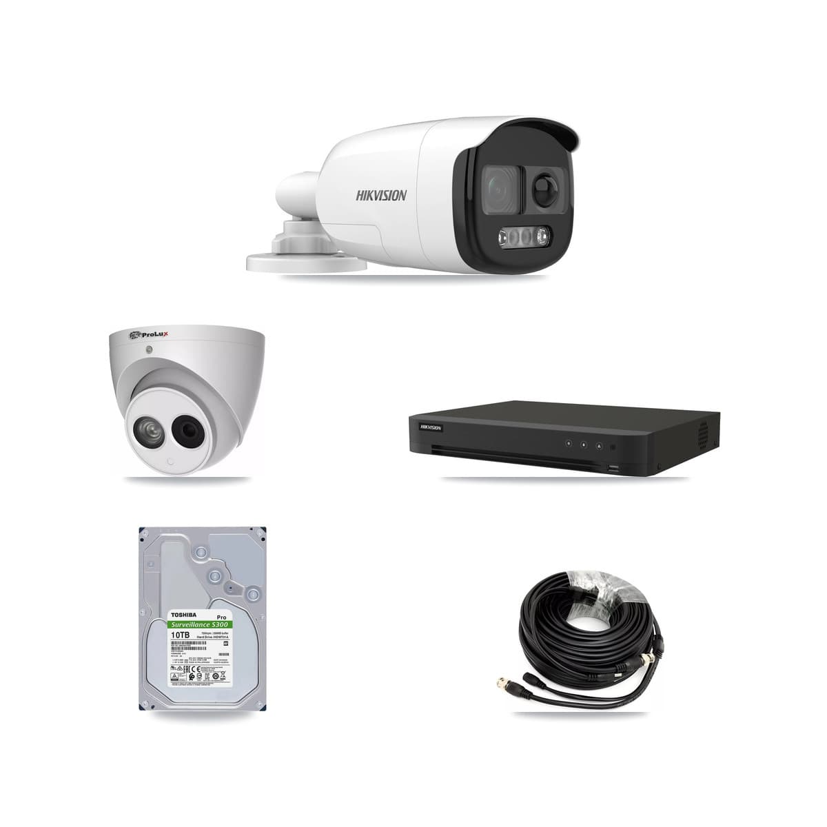 Hikvision & Prolux 8-Channel 4MP – 5MP CCTV Kit — 7 DS-2CE12KF3T-PIRXO 5MP Bullet + 1 PXC-612C4W-A-POC 4MP Turret Cameras + 10TB Recording (IDS-7208HUHI-M1/XT Recorder)