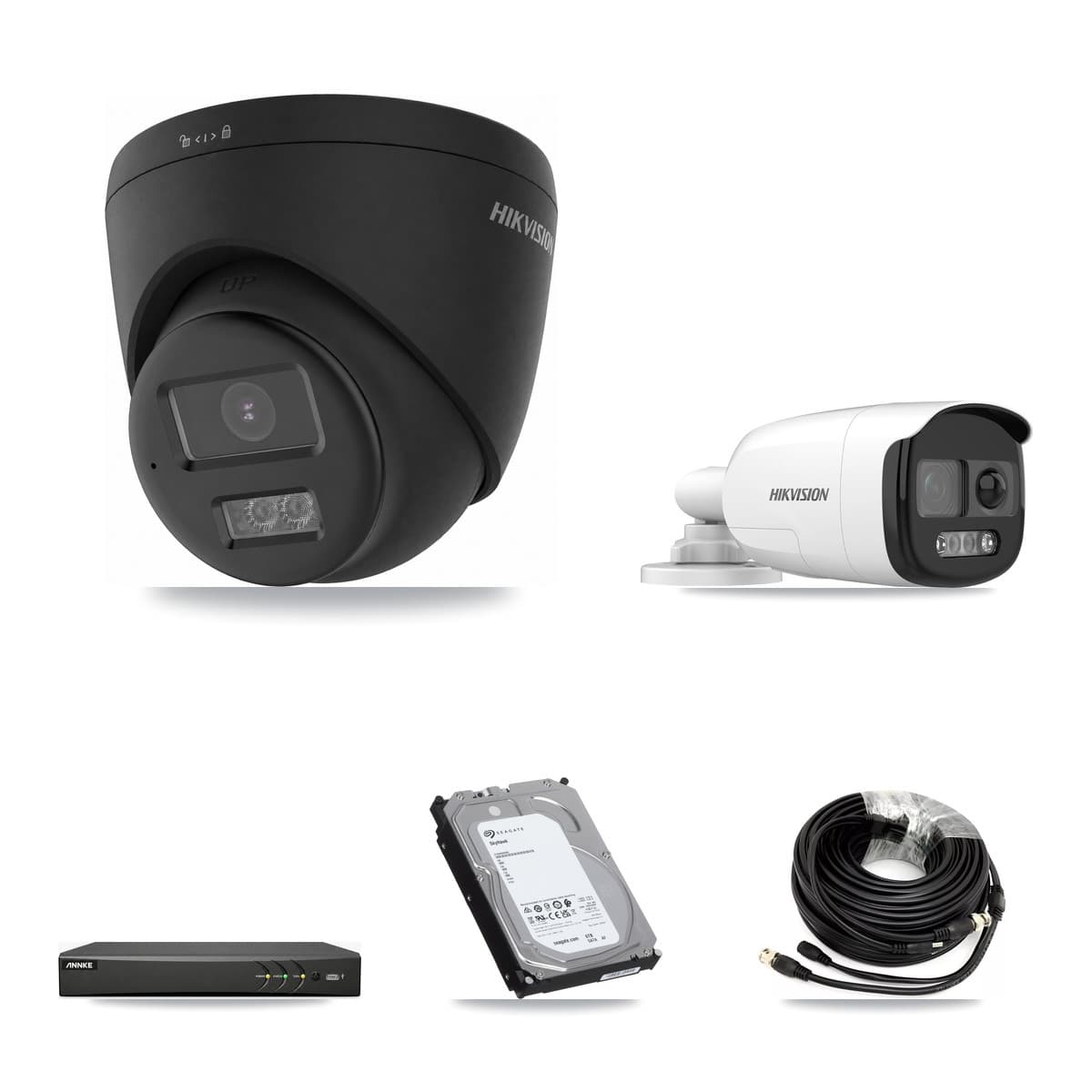 Hikvision & ANNKE 4-Channel 5MP – 4K CCTV Kit — 1 5MP Bullet + 3 Black 4K Turret Cameras + 6TB Recording