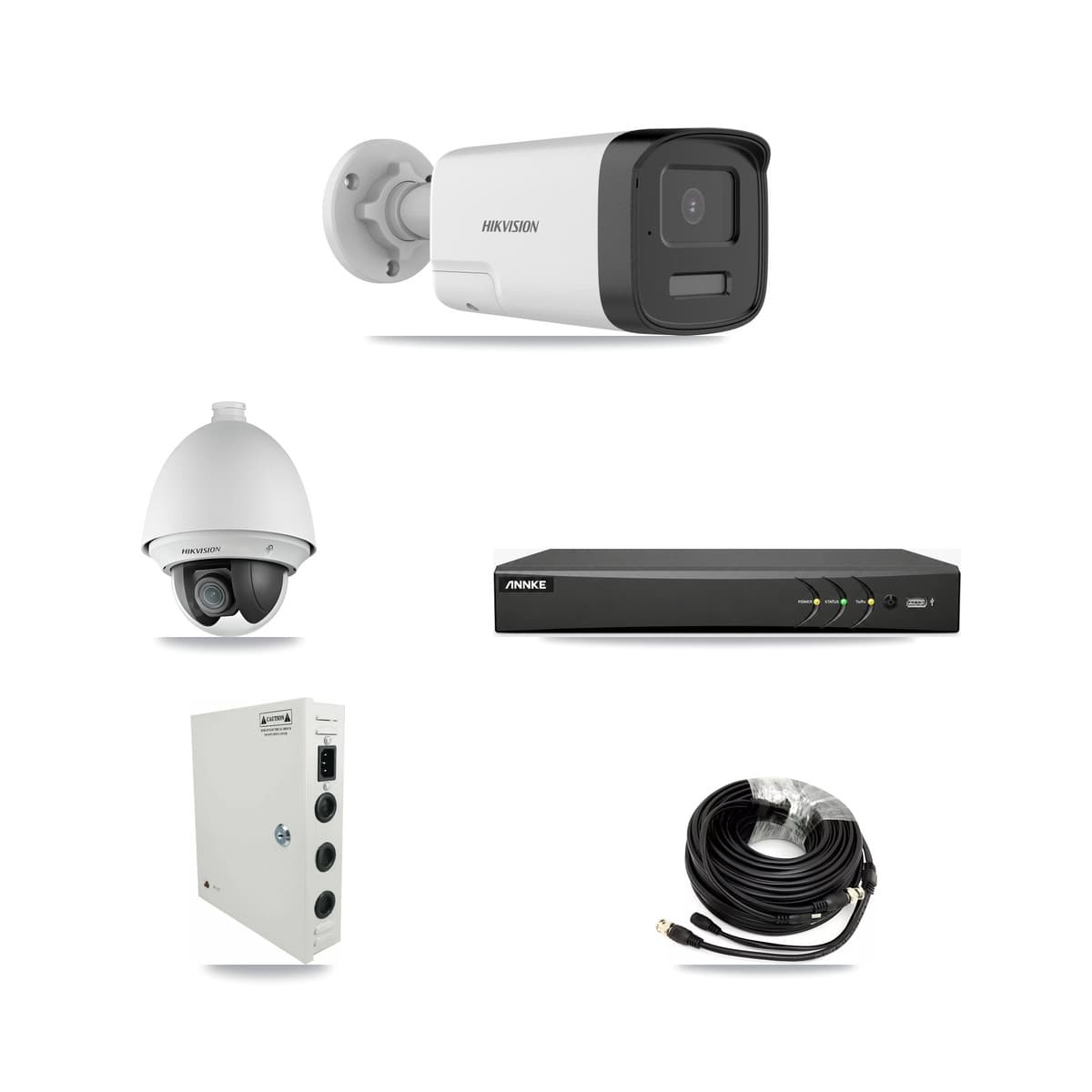 Hikvision & ANNKE 4-Channel 2MP – 5MP CCTV Kit — 1 DS-2AE4225T 2MP PTZ + 2 DS-2CE17K0T 5MP Bullet Cameras + 3TB Recording