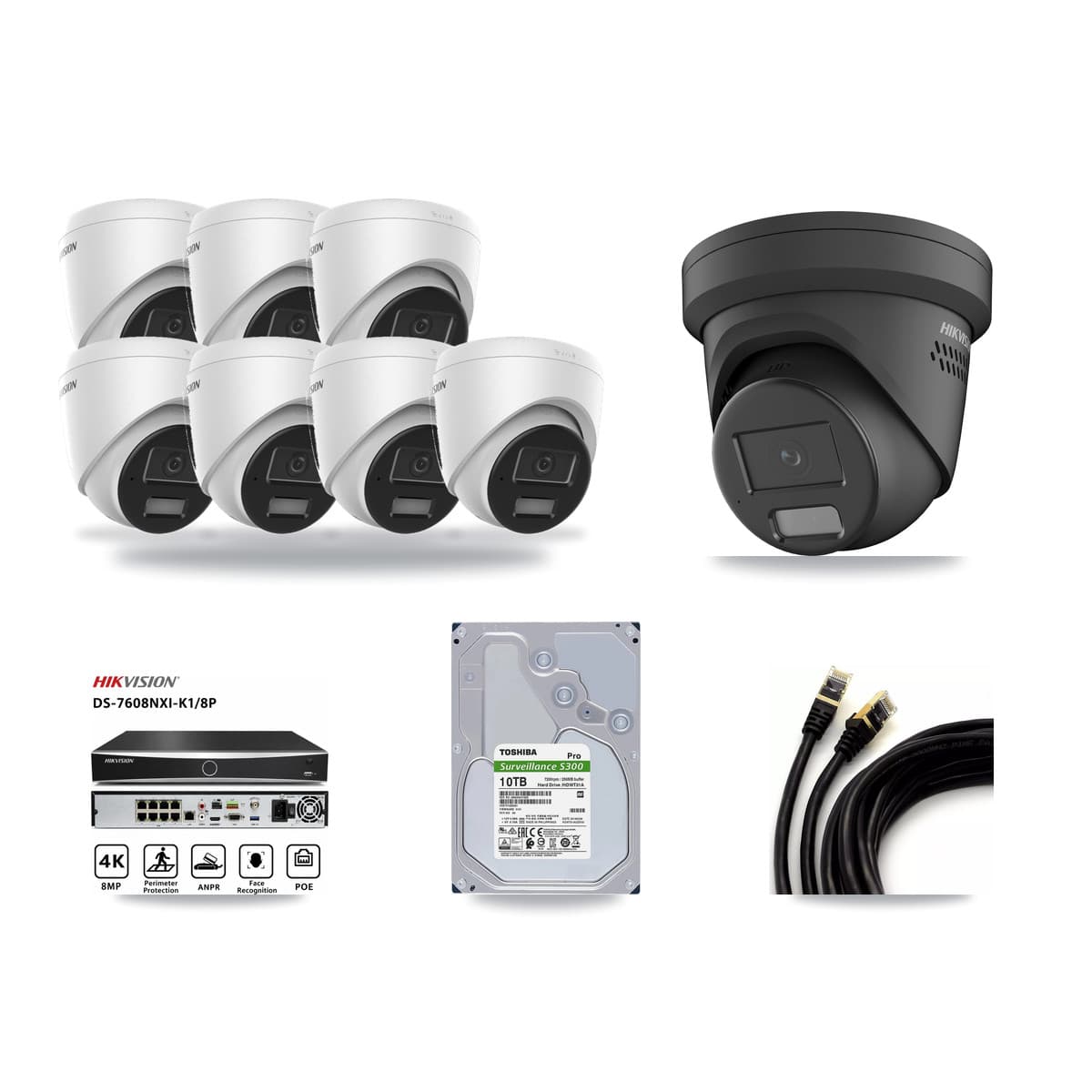 Hikvision 8-Channel 4MP CCTV Kit — 7 DS-2CD1343G2 + 1 DS-2CD2347G2 Turret Cameras + 10TB Recording - Image 1