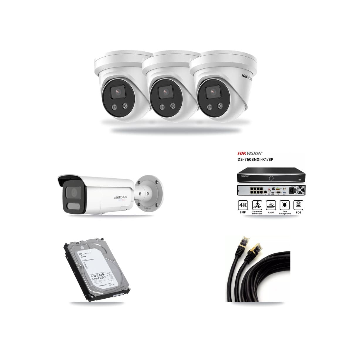 Hikvision 8-Channel 5MP – 4K CCTV Kit — 1 White 4K Bullet + 3 5MP Turret Cameras + 6TB Recording (DS-7608NXI Recorder) - Image 1