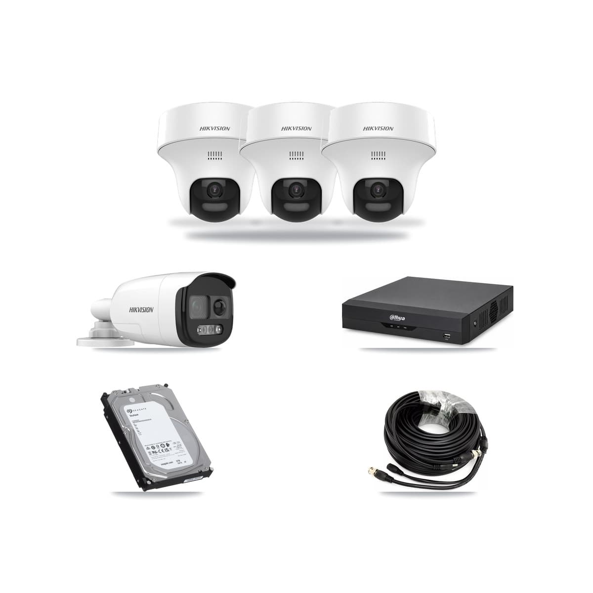 Hikvision & Dahua 4-Channel 5MP CCTV Kit — 1 DS-2CE12KF3T Bullet + 3 DS-2CE70K0T Turret Cameras + 6TB Recording - Image 1