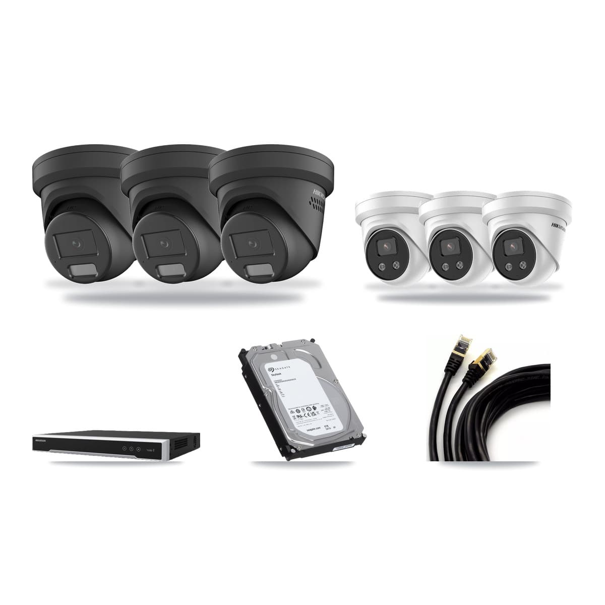 Hikvision 8-Channel 4MP – 5MP CCTV Kit — 3 Black 4MP + 3 5MP Turret Cameras + 6TB Recording (DS-7608NI-M2 Recorder) - Image 1