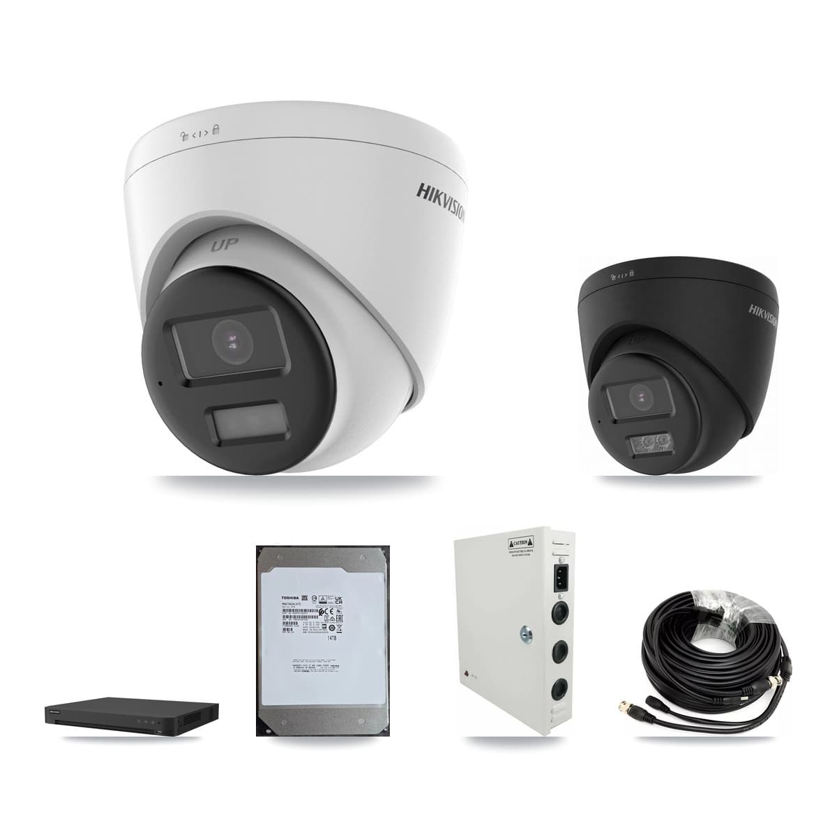 Hikvision 16-Channel 5MP – 4K CCTV Kit — 11 DS-2CE78K0T-LPTS 5MP + 5 Black DS-2CE78U0T-LTS-BLACK 4K Turret Cameras + 14TB Recording (IDS-7216HUHI-M2/XT Recorder)
