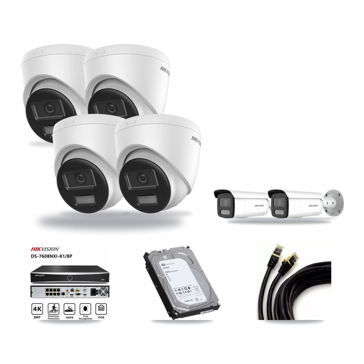 Hikvision 8-Channel 4MP – 4K CCTV Kit — 4 DS-2CD1383G2-LIU 4K Turret + 2 DS-2CD2T47G2H-LISU/SL 4MP Bullet Cameras + 6TB Recording (DS-7608NXI-K1/8P Recorder) - Image 1