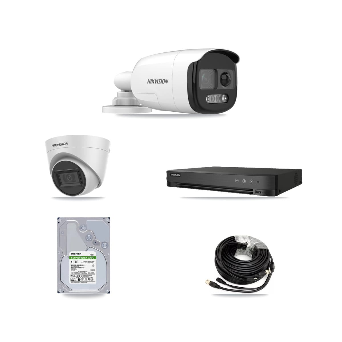 Hikvision 8-Channel 5MP CCTV Kit — 7 Bullet + 1 White Turret Cameras + 10TB Recording (IDS-7208HQHI Recorder)