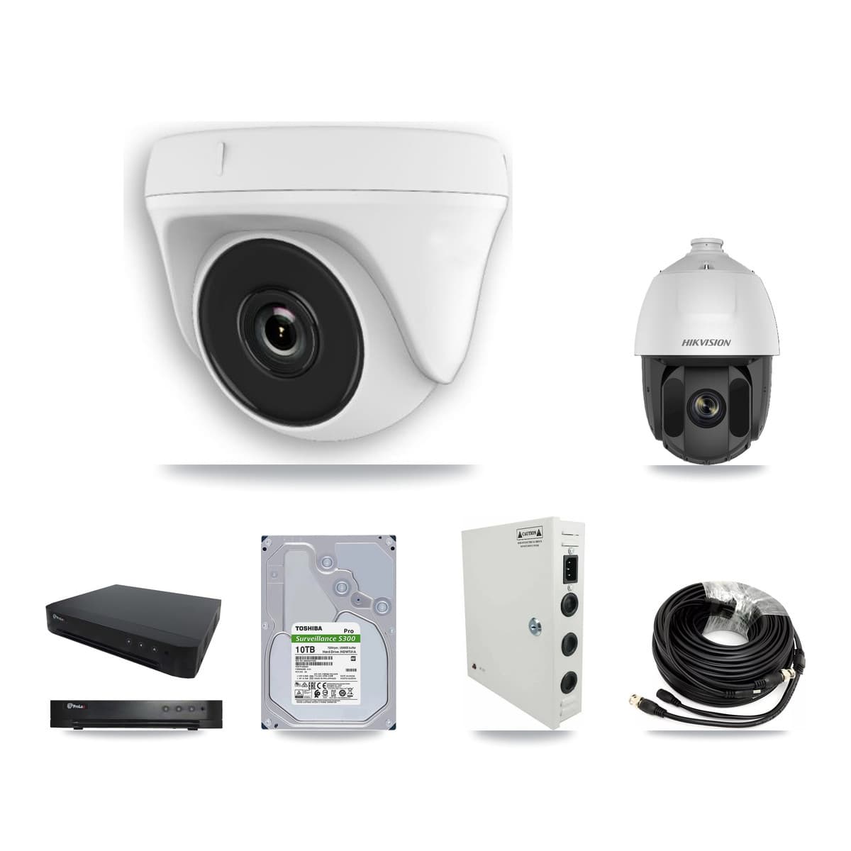 Hikvision & Prolux 16-Channel 2MP CCTV Kit — 1 DS-2AE5225TI PTZ + 15 White HDT-2MP-N20W Dome Cameras + 10TB Recording