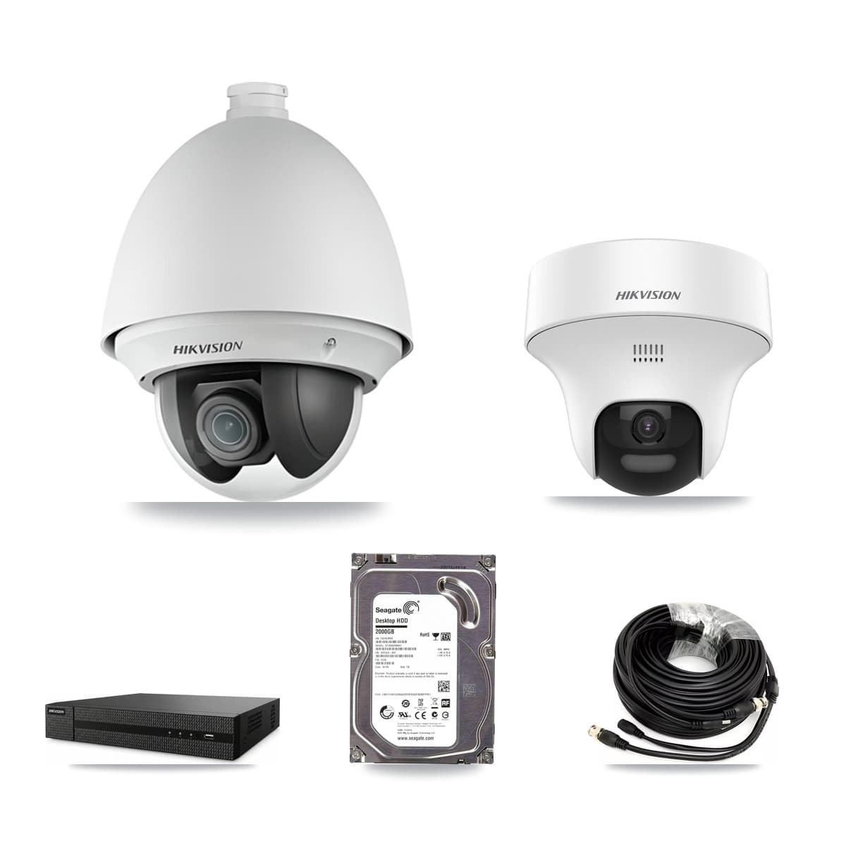 Hikvision 8-Channel 2MP – 5MP CCTV Kit — 1 DS-2AE4225T 2MP PTZ + 1 DS-2CE70K0T 5MP Turret Cameras + 2TB Recording (DVR-8CH Recorder)