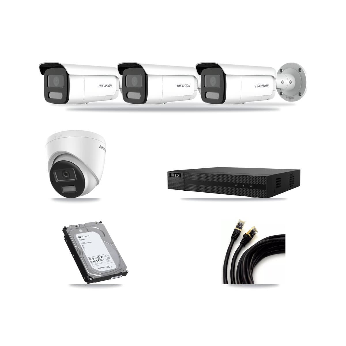 Hikvision & HiLook 8-Channel 4MP – 4K CCTV Kit — 1 DS-2CD1383G2-LIU 4K Turret + 3 DS-2CD2T47G2H-LISU/SL 4MP Bullet Cameras + 6TB Recording (NVR-108MH-D/8P Recorder) - Image 1