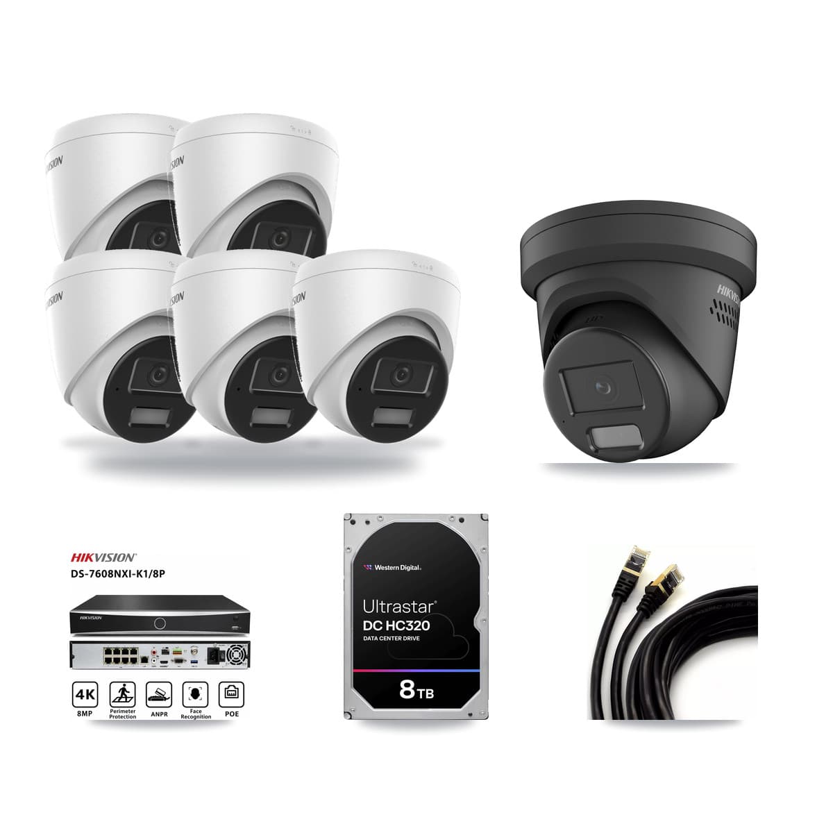 Hikvision 8-Channel 4MP CCTV Kit — 5 DS-2CD1343G2 + 1 DS-2CD2347G2 Turret Cameras + 8TB Recording - Image 1