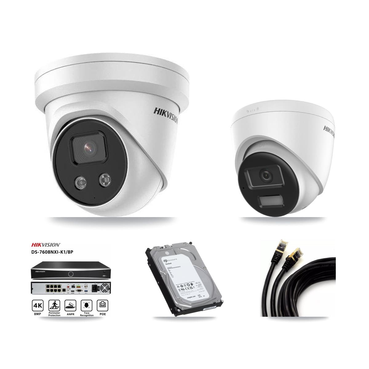 Hikvision 8-Channel 5MP – 4K CCTV Kit — 1 4K + 3 5MP Turret Cameras + 6TB Recording (DS-7608NXI Recorder)