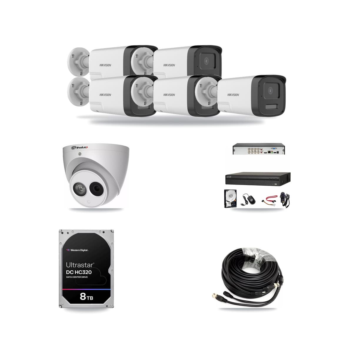 8-Channel 4MP – 5MP CCTV Kit — 5 DS-2CE17K0T 5MP Bullet + 1 PXC-612C4W-A 4MP Turret Cameras + 8TB Recording (XVR-3108AD Recorder) - Image 1