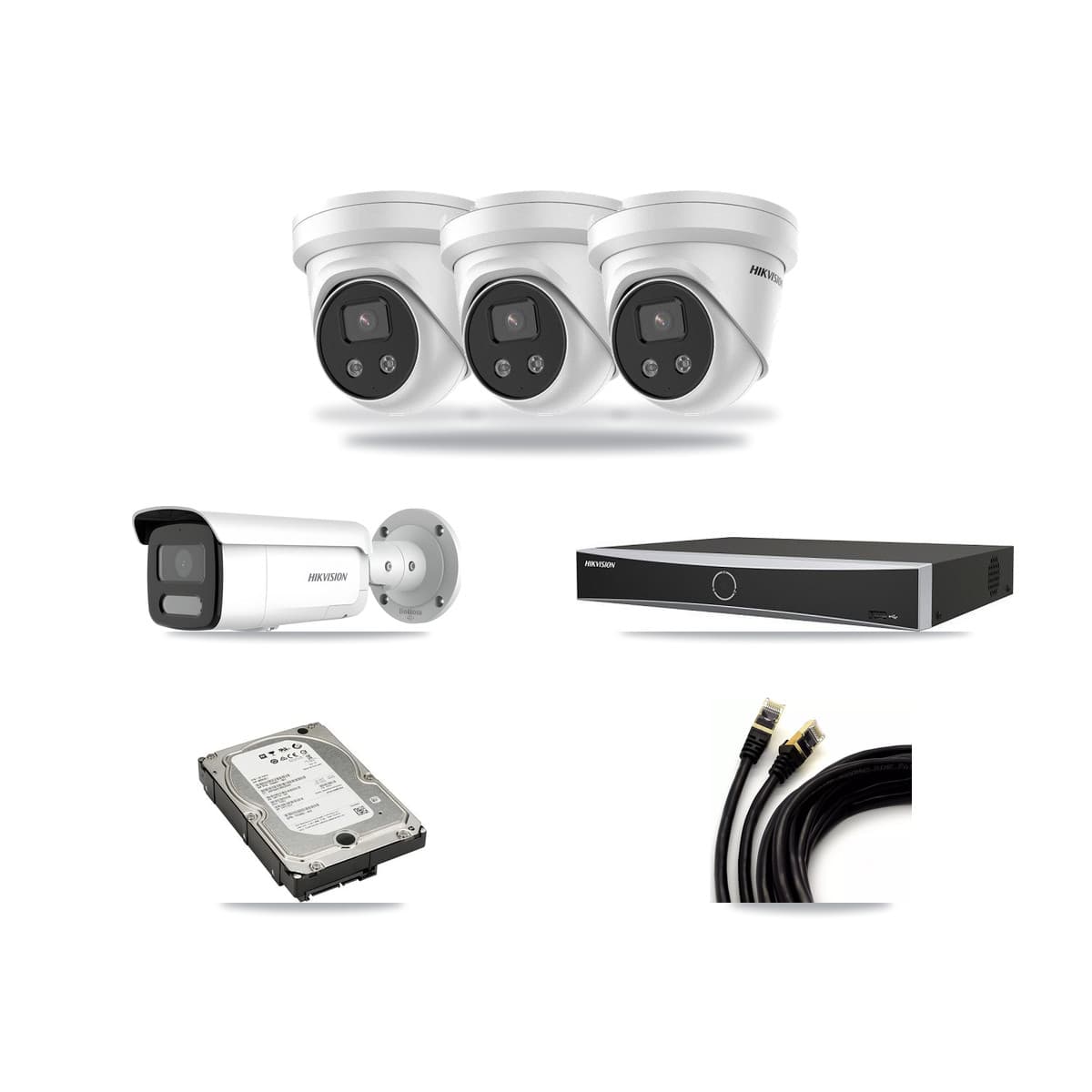 Hikvision 4-Channel 4MP – 5MP CCTV Kit — 1 4MP Bullet + 3 5MP Turret Cameras + 5TB Recording - Image 1