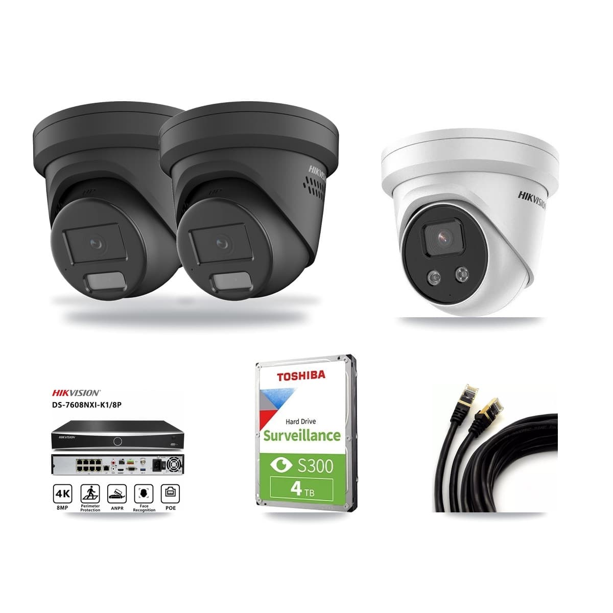 Hikvision 8-Channel 4MP – 5MP CCTV Kit — 2 Black 4MP + 1 5MP Turret Cameras + 4TB Recording (DS-7608NXI Recorder) - Image 1