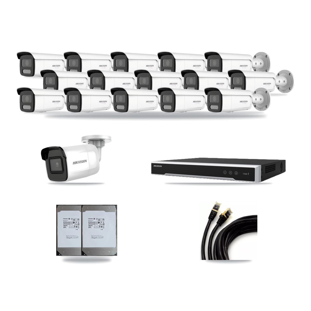 Hikvision 16-Channel 4K CCTV Kit — 1 DS-2CD2085G1 + 15 White DS-2CD2T87G2H Bullet Cameras + 2× 14TB Recording (DS-7616NI-M2 Recorder) - Image 1