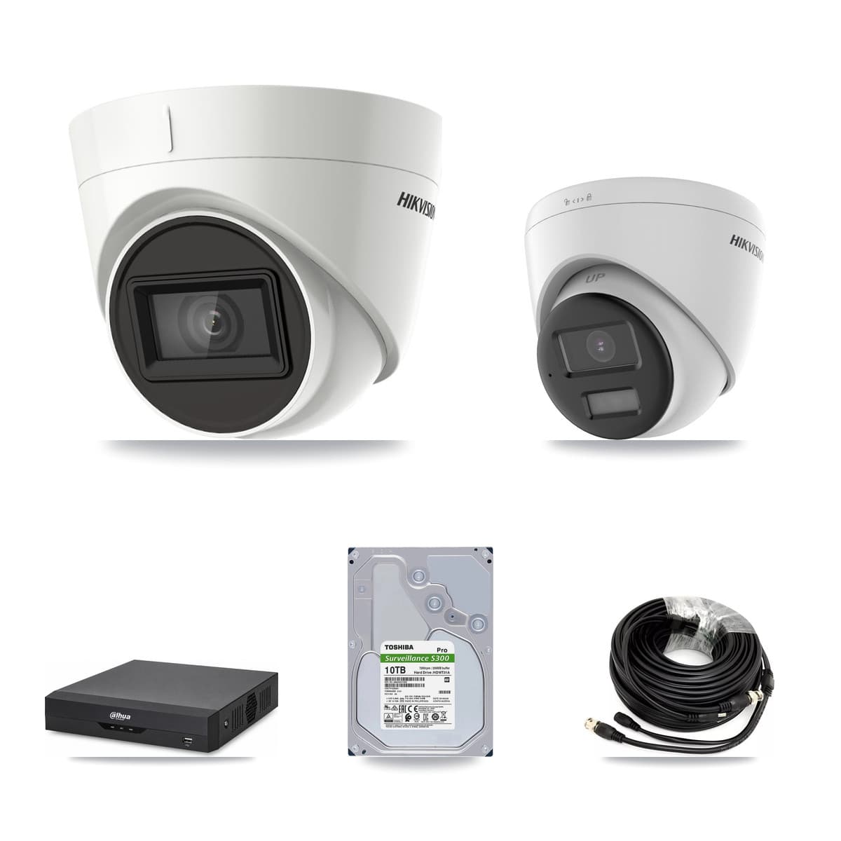 Hikvision & Dahua 4-Channel 4K CCTV Kit — 1 DS-2CE78U0T + 3 DS-2CE78U1T Turret Cameras + 10TB Recording