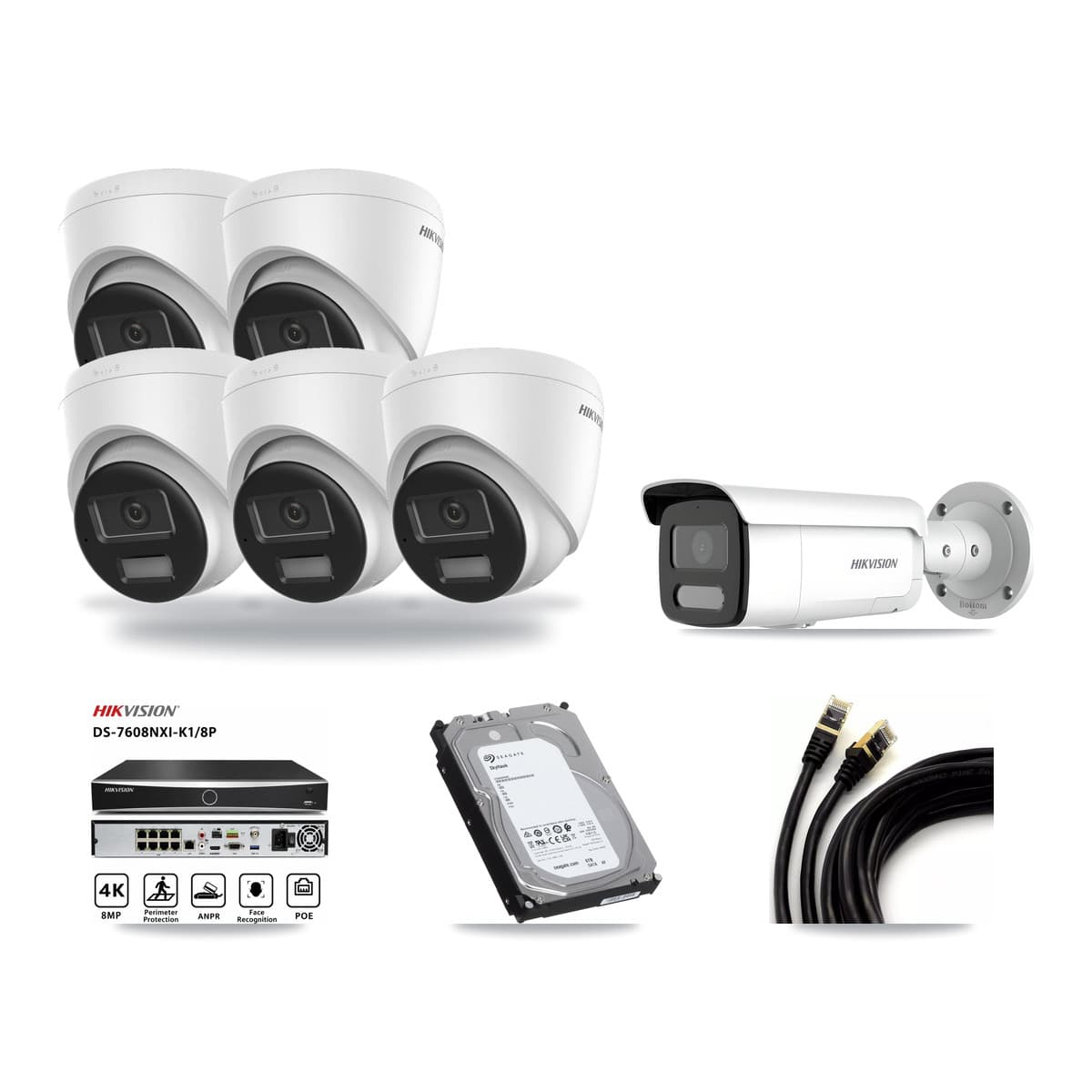 Hikvision 8-Channel 4MP – 4K CCTV Kit — 5 DS-2CD1383G2-LIU 4K Turret + 1 DS-2CD2T47G2H-LISU/SL 4MP Bullet Cameras + 6TB Recording (DS-7608NXI-K1/8P Recorder) - Image 1