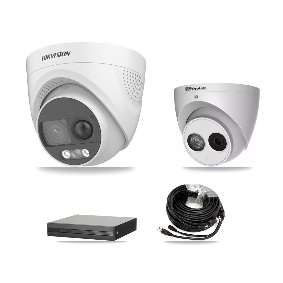 Hikvision & Prolux 4-Channel 4MP – 5MP CCTV Kit — 1 DS-2CE72KF3T 5MP + 1 PXC-612C4W-A 4MP Turret Cameras + 3TB Recording (XVR-3104HS Recorder)