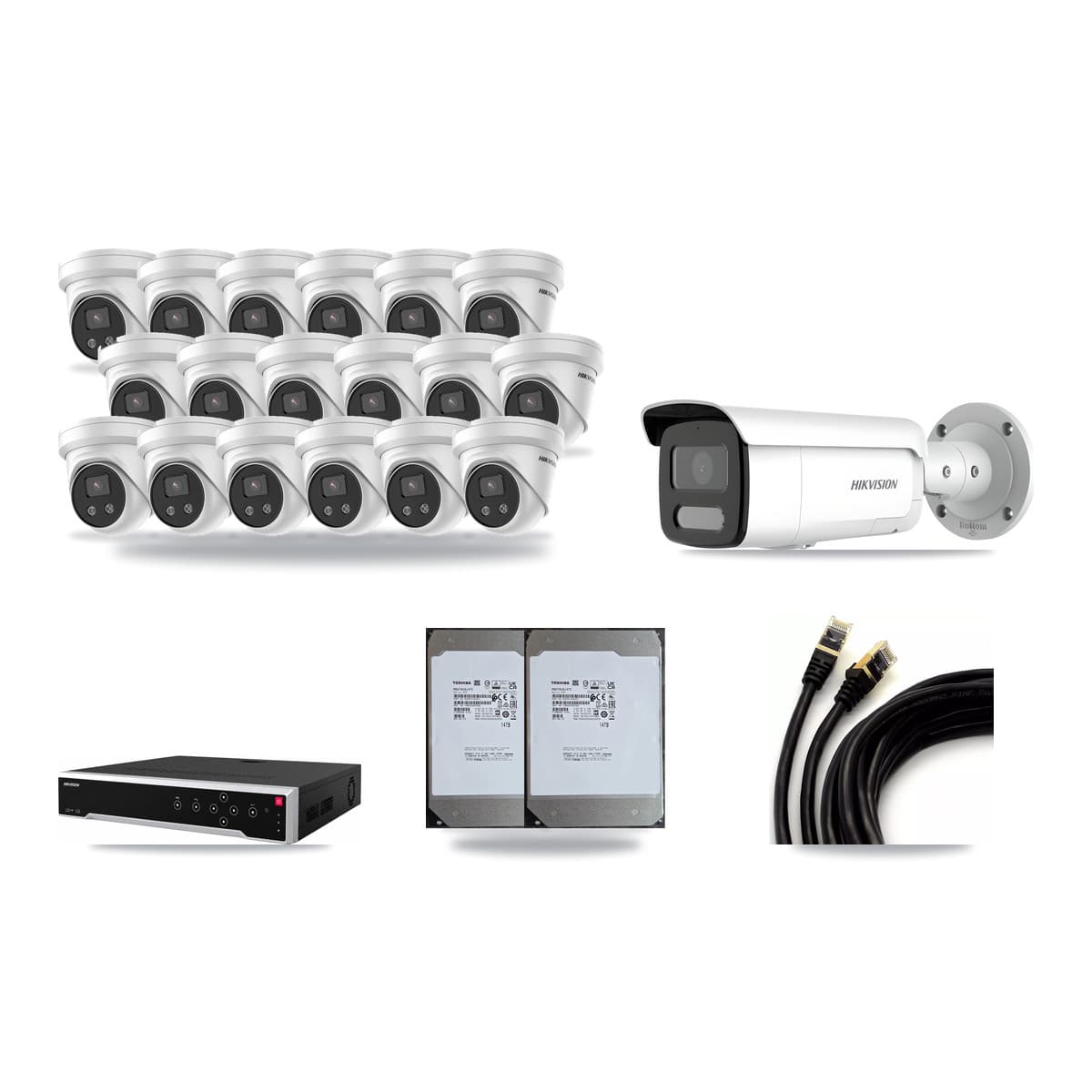 Hikvision 32-Channel 4MP – 5MP CCTV Kit — 1 4MP Bullet + 18 5MP Turret Cameras + 2× 14TB Recording - Image 1