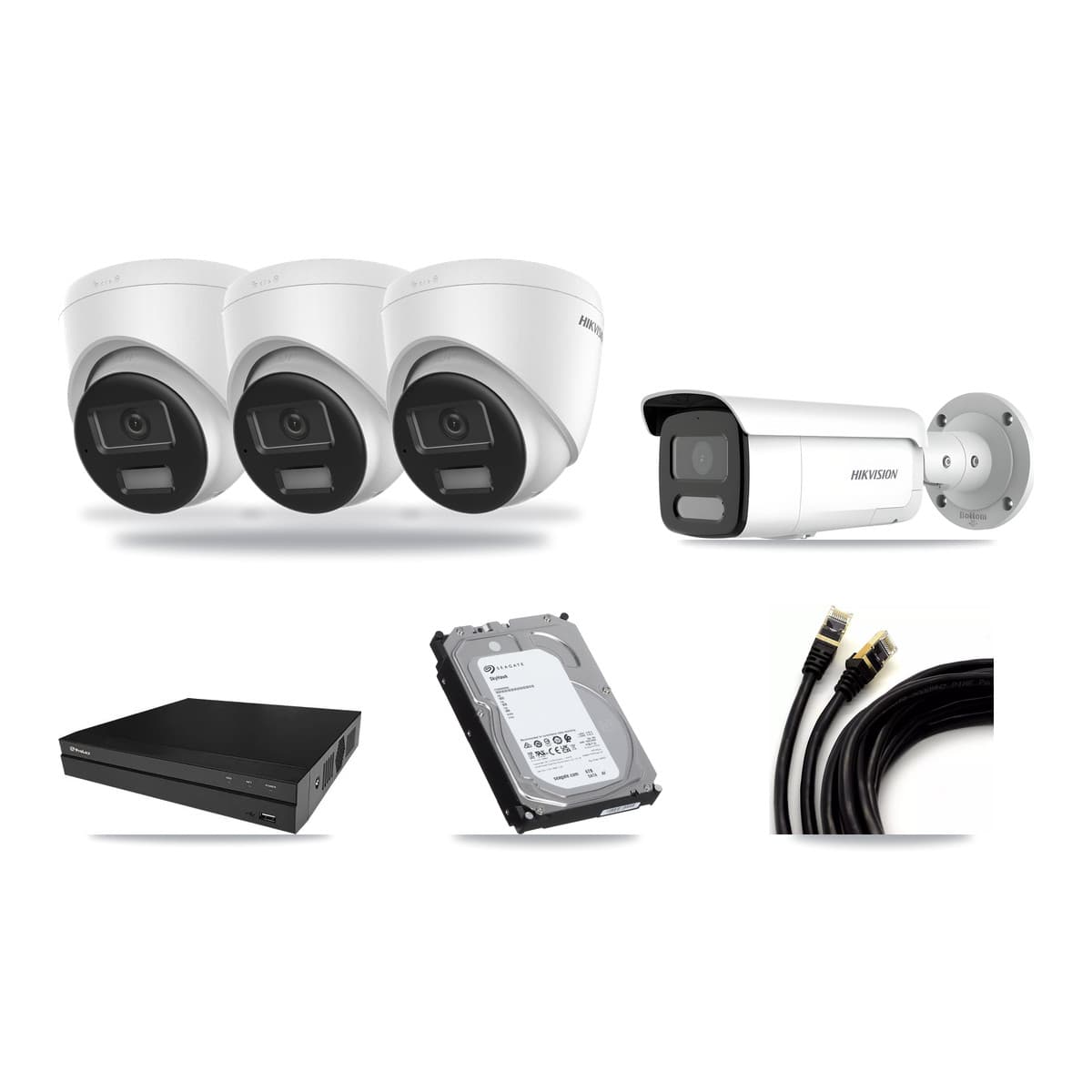 Hikvision & Prolux 8-Channel 4MP – 4K CCTV Kit — 3 DS-2CD1383G2-LIU 4K Turret + 1 DS-2CD2T47G2H-LISU/SL 4MP Bullet Cameras + 6TB Recording (PXN-2108HS-8P-4K Recorder) - Image 1