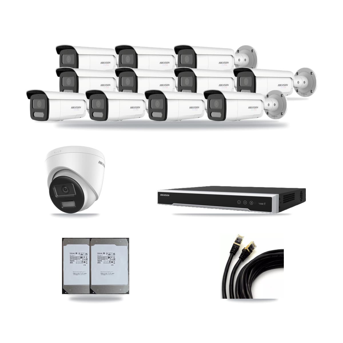 Hikvision 16-Channel 4K CCTV Kit — 1 DS-2CD1383G2-LIU Turret + 11 White DS-2CD2T87G2H-LISU/SL-2.8MM-W Bullet Cameras + 2× 14TB Recording (DS-7616NI-M2/16P Recorder) - Image 1