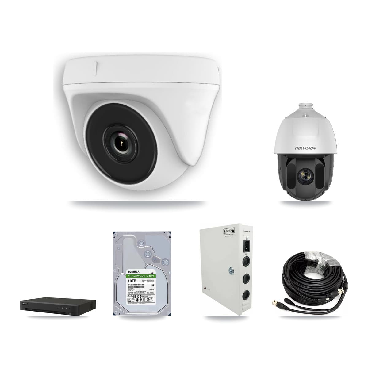 Hikvision 16-Channel 2MP CCTV Kit — 1 DS-2AE5225TI PTZ + 15 White HDT-2MP-N20W Dome Cameras + 10TB Recording (IDS-7216HQHI Recorder)