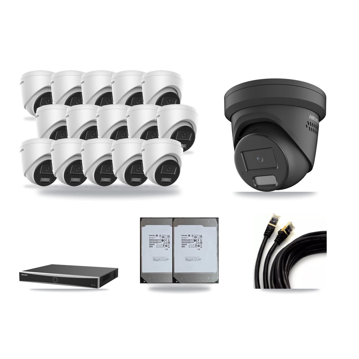 Hikvision 16-Channel 4MP CCTV Kit — 15 DS-2CD1343G2 + 1 Black DS-2CD2347G2 Turret Cameras + 2× 14TB Recording (DS-7616NXI Recorder) - Image 1