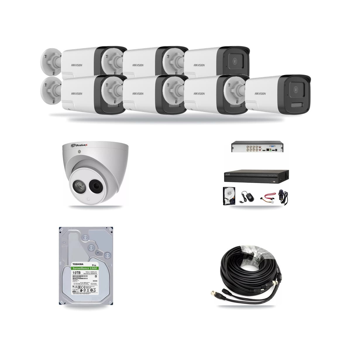 8-Channel 4MP – 5MP CCTV Kit — 7 DS-2CE17K0T 5MP Bullet + 1 PXC-612C4W-A 4MP Turret Cameras + 10TB Recording (XVR-3108AD Recorder) - Image 1