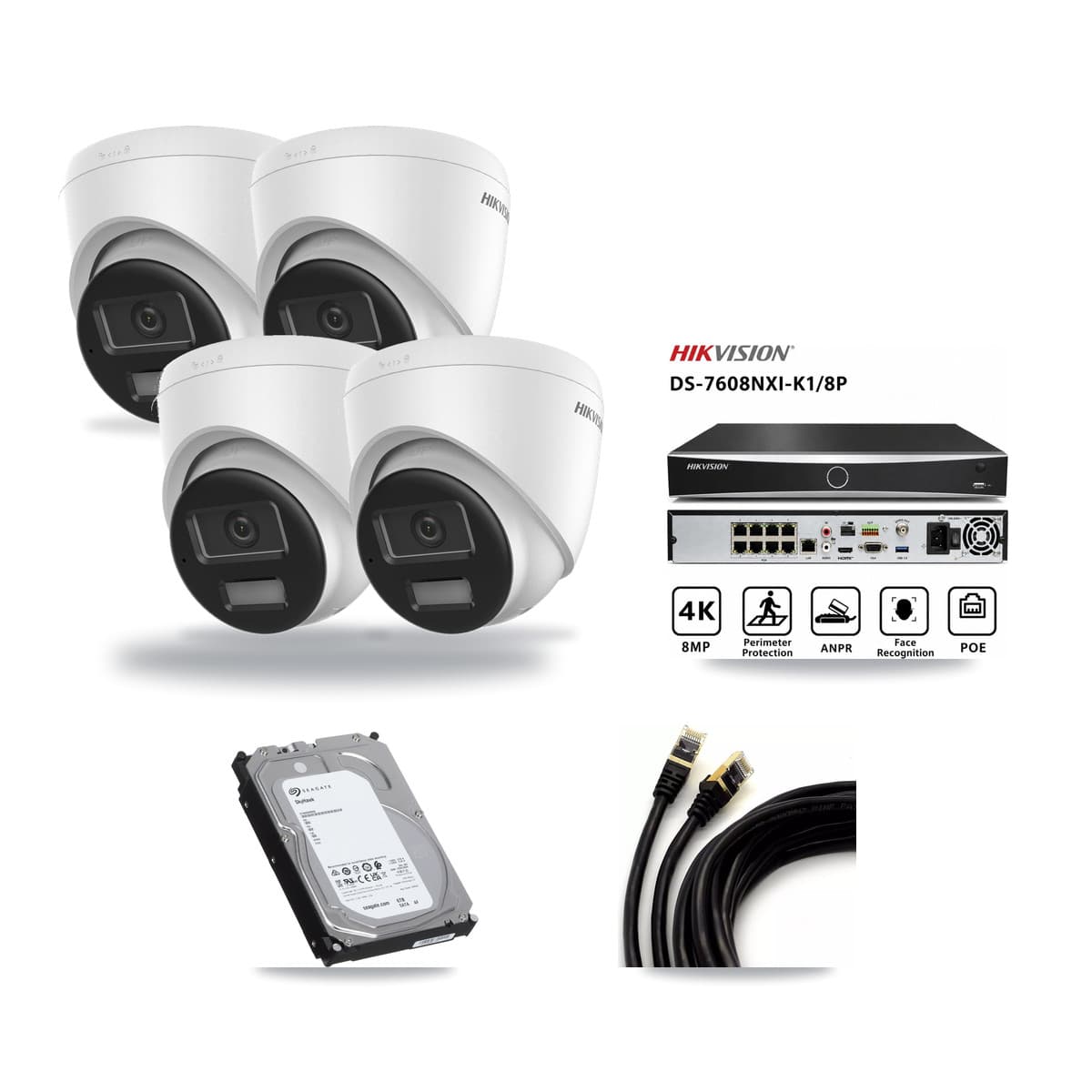 Hikvision 8-Channel 4K CCTV Kit — 4 DS-2CD1383G2-LIU Turret Cameras + 6TB Recording (DS-7608NXI-K1/8P Recorder) - Image 1