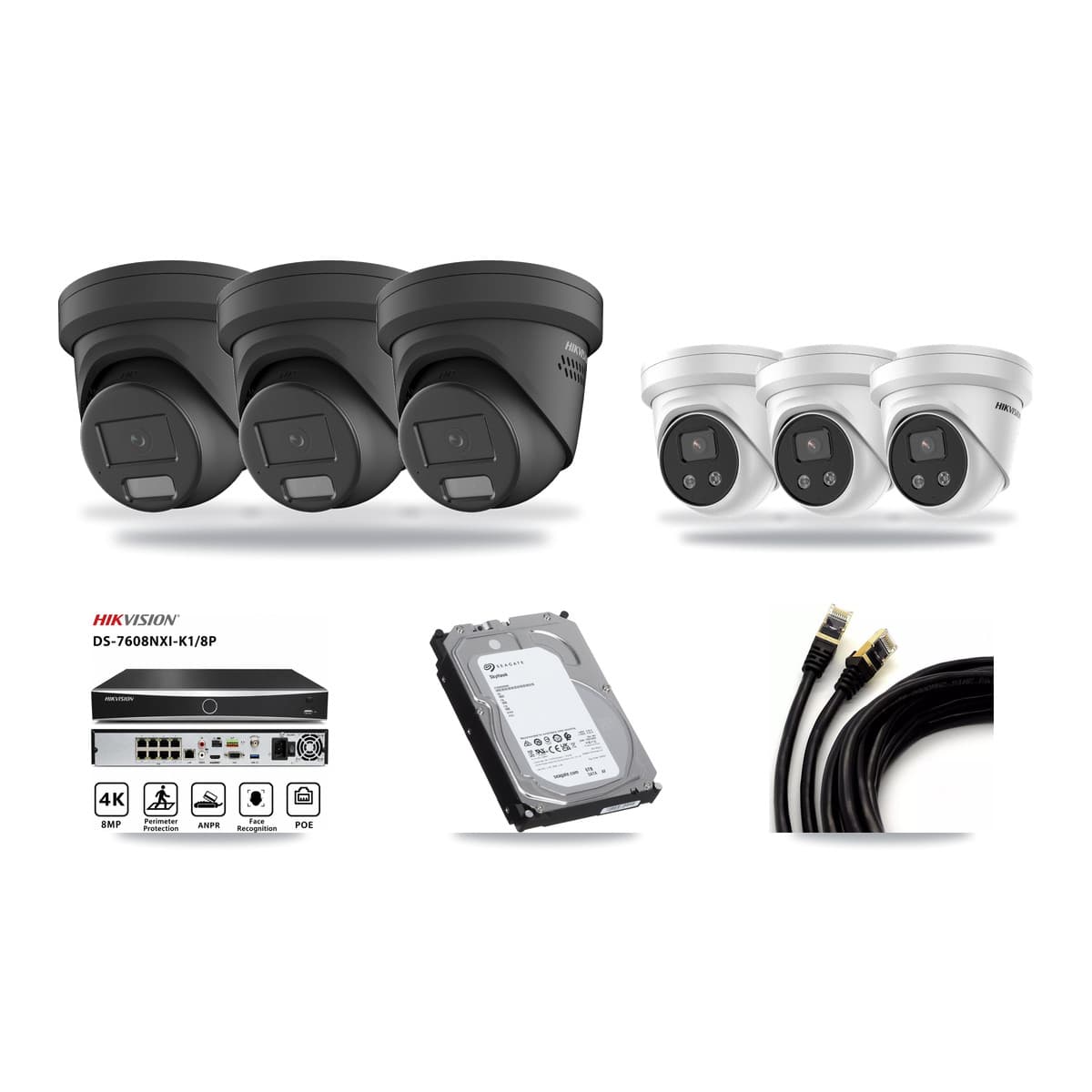 Hikvision 8-Channel 4MP – 5MP CCTV Kit — 3 Black 4MP + 3 5MP Turret Cameras + 6TB Recording (DS-7608NXI Recorder) - Image 1