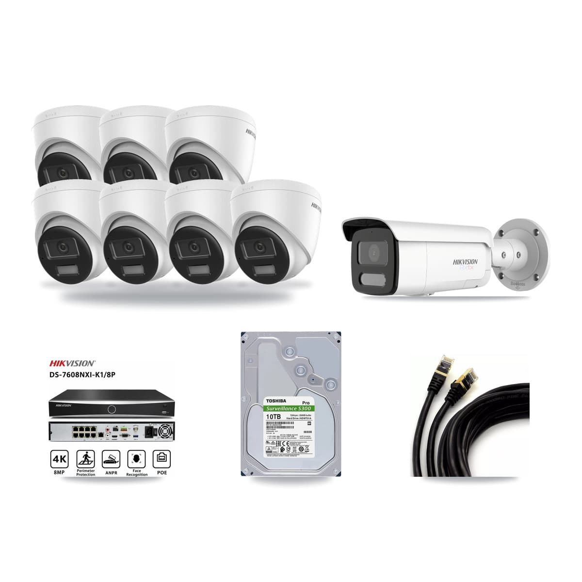 Hikvision 8-Channel 4K CCTV Kit — 7 DS-2CD1383G2-LIUF/SL Turret + 1 White DS-2CD2T87G2H-LISU/SL-2.8MM-W Bullet Cameras + 10TB Recording (DS-7608NXI-K1/8P Recorder) - Image 1