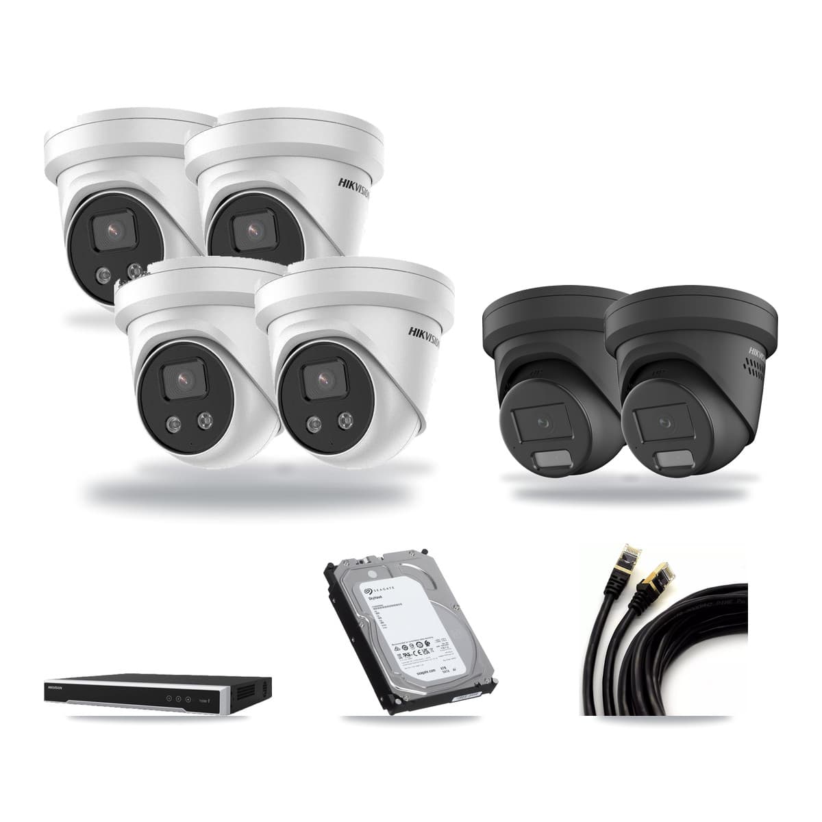 Hikvision 8-Channel 4MP – 5MP CCTV Kit — 2 Black 4MP + 4 5MP Turret Cameras + 6TB Recording (DS-7608NI-M2 Recorder) - Image 1